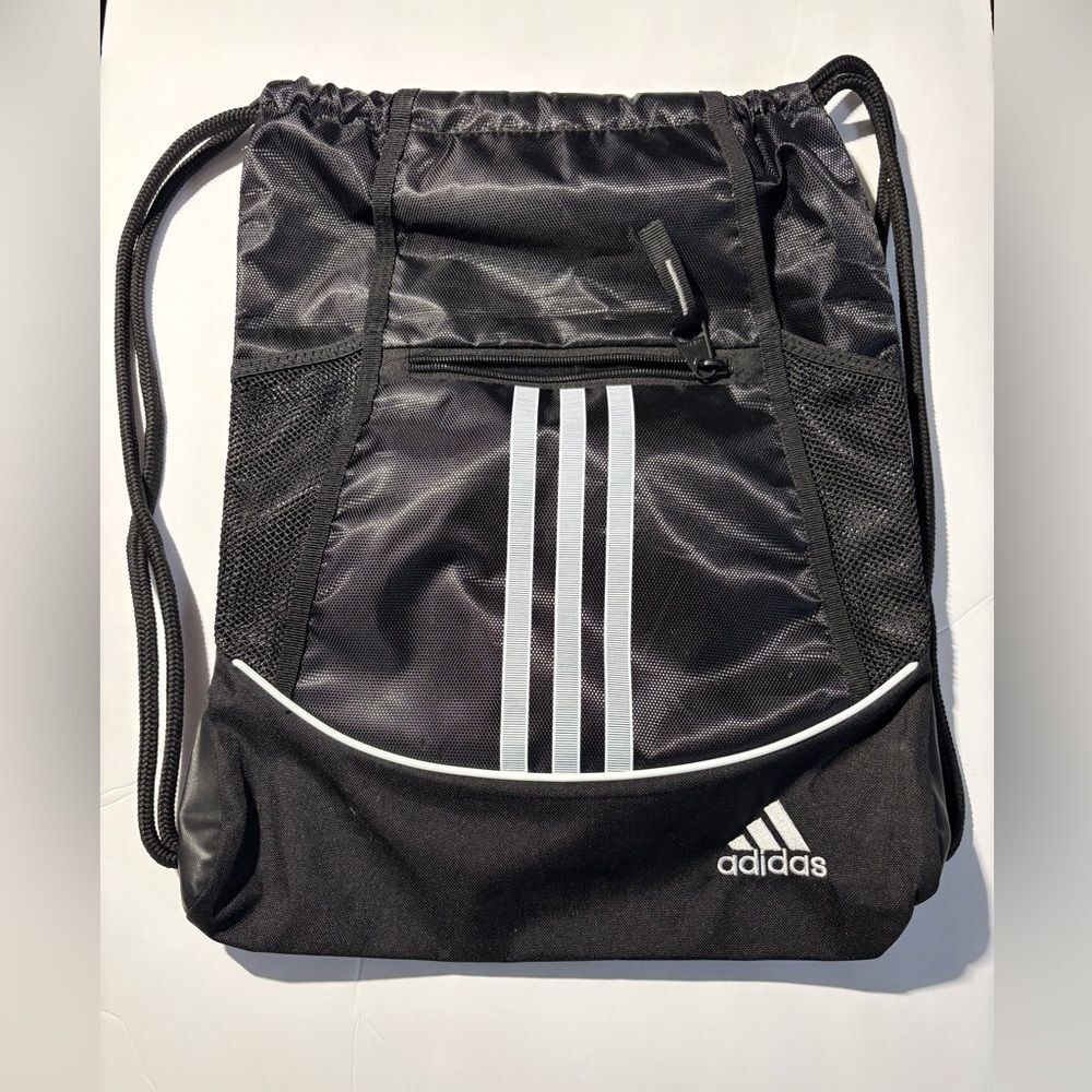 Adidas Black Drawstring Backpack with White Stripes